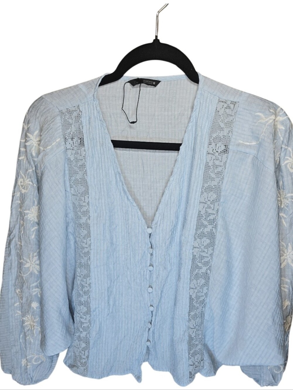 Zara Women's Oversized Light Blue Embroidered Lace Boho Blouse Size M NWOT - Picture 2 of 7